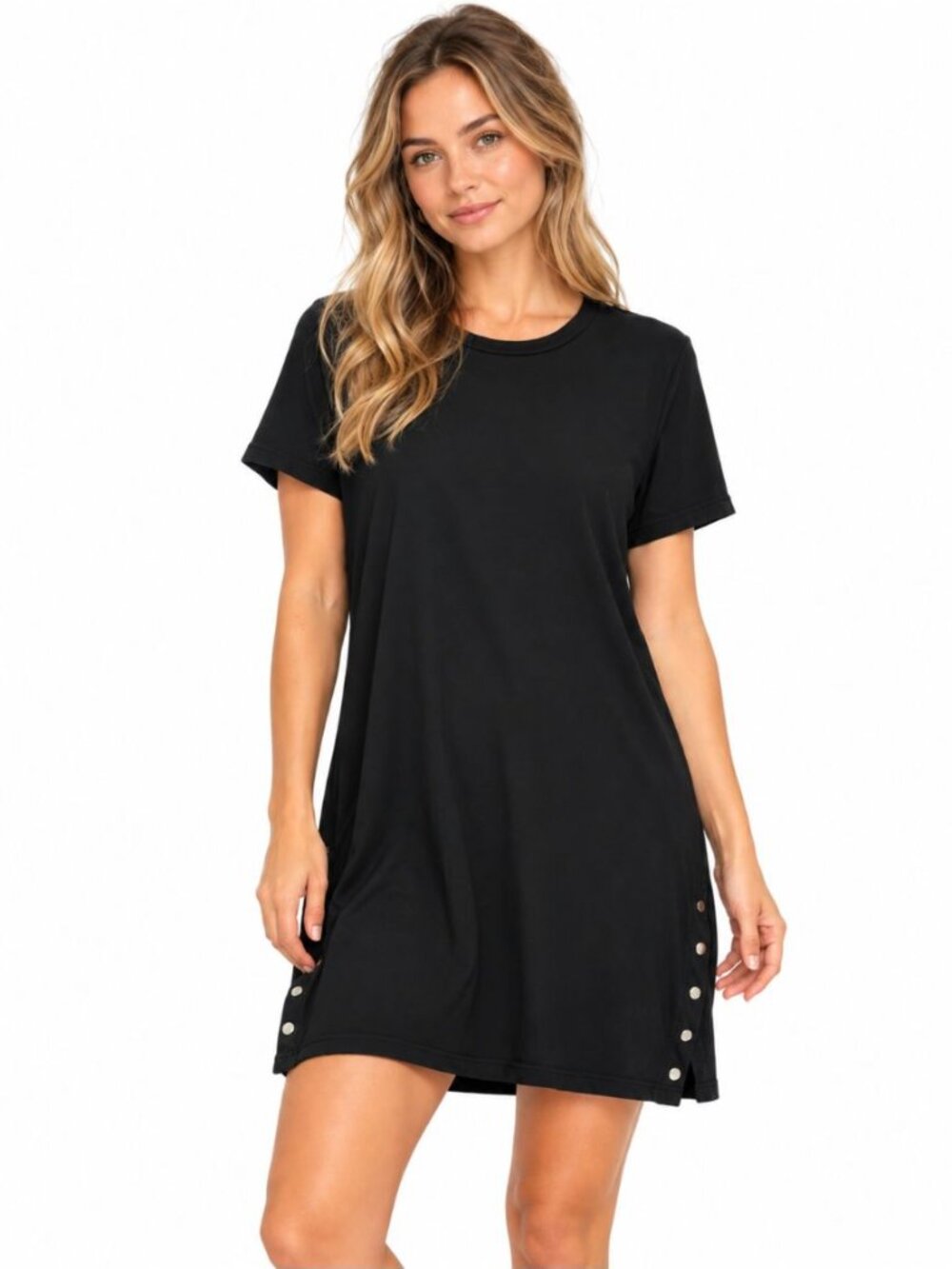 Michael Lauren Womens T-Shirt Mini Dress Black 100% Cotton Silver Snaps Size S